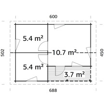 Grundriss eines Gartenhauses mit Flächenangaben in Quadratmetern