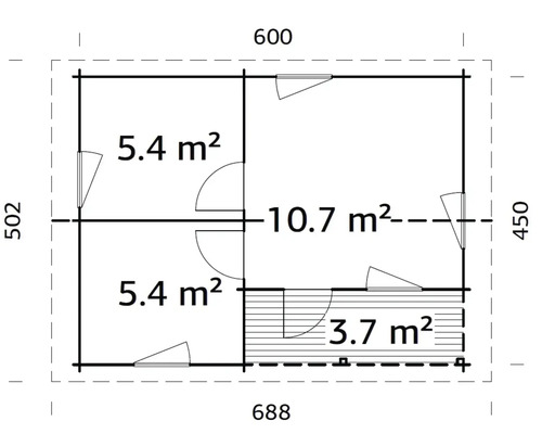 Grundriss eines Gartenhauses mit Flächenangaben in Quadratmetern