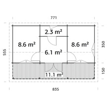 Plan d'un abri de jardin avec différentes tailles de pièces en mètres carrés