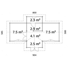 Grundriss eines Gartenhauses mit Flächenangaben in Quadratmetern