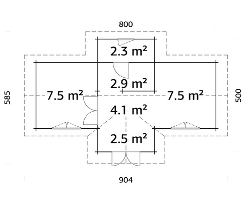 Grundriss eines Gartenhauses mit Flächenangaben in Quadratmetern