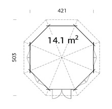 Plan d'un abri de jardin d'une superficie de 14,1 mètres carrés et de dimensions 421 x 503 centimètres.
