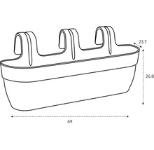 Abbildung eines Balkonkastens mit Maßangaben 69 x 23,7 x 26,8 cm.