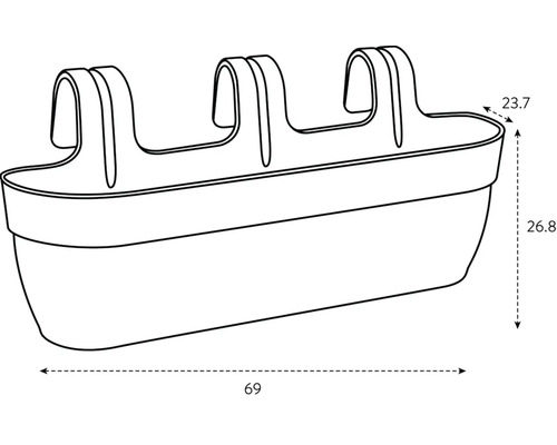 Abbildung eines Balkonkastens mit Maßangaben 69 x 23,7 x 26,8 cm.