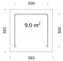 Grundrisszeichnung mit den Maßen 300, 385 und 9,0 Quadratmeter