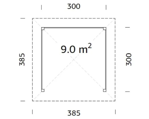 Grundrisszeichnung mit den Maßen 300, 385 und 9,0 Quadratmeter
