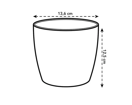 Illustration eines Pflanzgefäßes mit den Maßen 13,6 cm Breite und 12,5 cm Höhe.