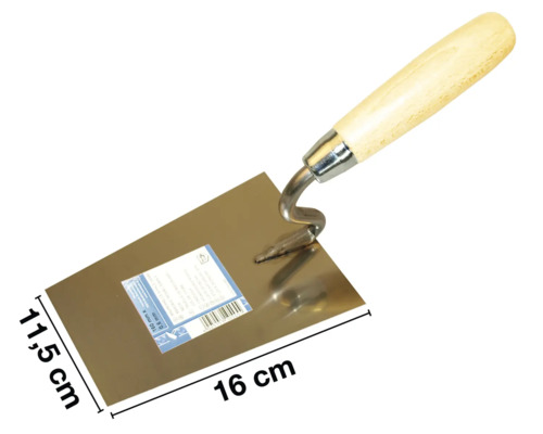 Gipserkelle mit Holzgriff und einer Größe von 11,5 x 16 cm.