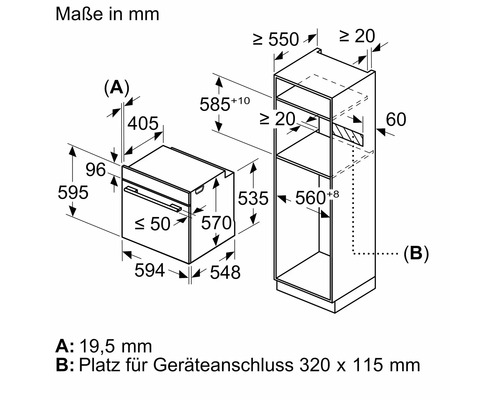 Masse des Einbaubackofens und des passenden Hochschranks in Millimeter.