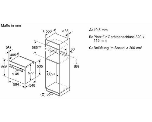 Dimensions du four et de l'armoire correspondante en millimètres.