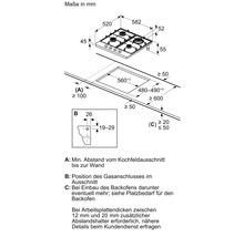 Masse des Gaskochfelds mit Einbauhinweisen in Millimeter.