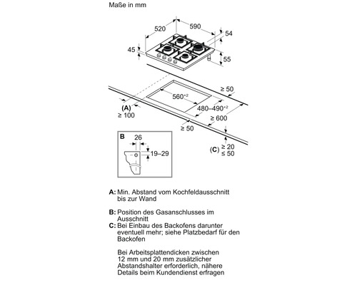 Abmessungen des Kochfelds als technische Zeichnung