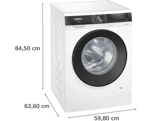 Freistehende Siemens Waschmaschine mit Größenangaben