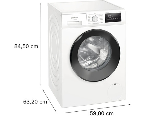 Siemens Waschmaschine mit den Massen 84,50 cm Höhe, 63,20 cm Tiefe und 59,80 cm Breite.