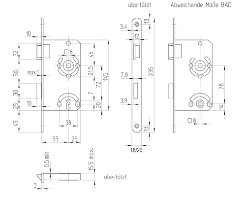 Dessin technique d'une serrure de porte avec dimensions