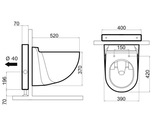 Technische Zeichnung einer Toilette mit Maßangaben.