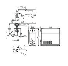 Dessin technique d'un robinet de cuisine avec meuble sous-évier et dimensions