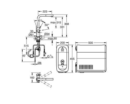 Dessin technique d'un robinet de cuisine avec meuble sous-évier et dimensions