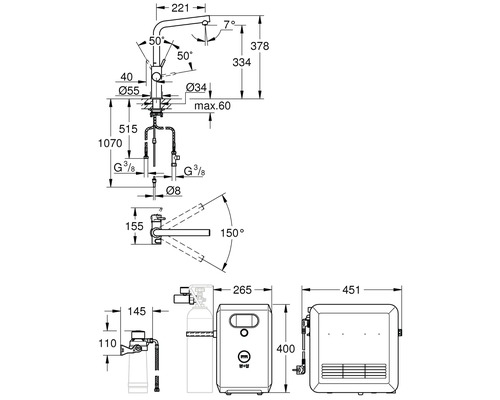 Dessin technique d'un robinet avec dimensions