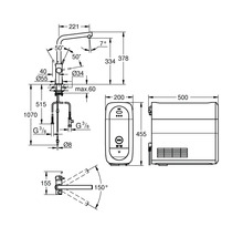 Dessin technique d'un mitigeur de cuisine avec chauffe-eau et dimensions