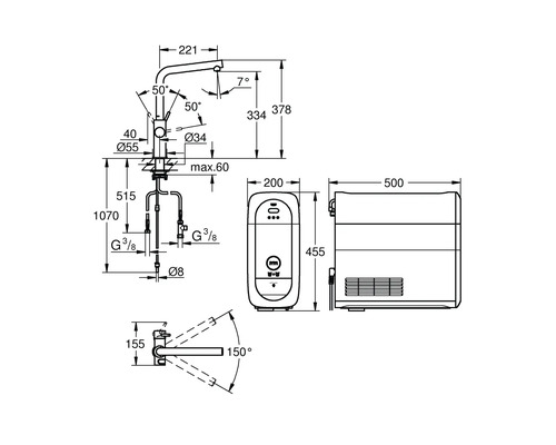 Dessin technique d'un mitigeur de cuisine avec chauffe-eau et dimensions