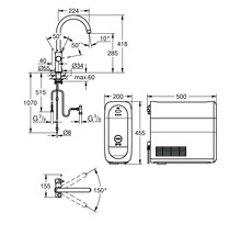 Schéma coté d'un robinet de cuisine avec chauffe-eau