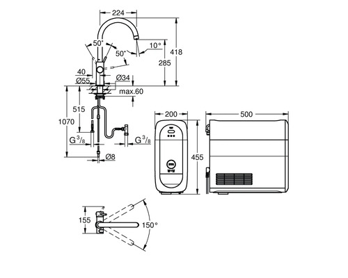 Schéma coté d'un robinet de cuisine avec chauffe-eau
