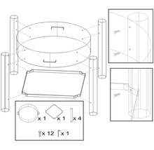 Explosionszeichnung eines Gartentisches mit Zubehör zur Montage.