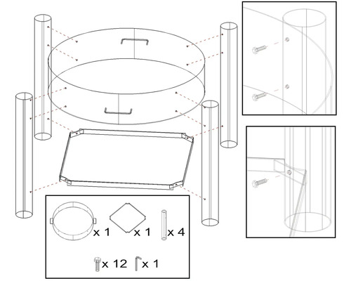 Explosionszeichnung eines Gartentisches mit Zubehör zur Montage.