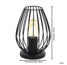 Schwarze Tischleuchte mit Drahtgeflecht und den Massen: Höhe 23 cm, Durchmesser 16 cm.