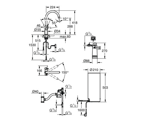 Technische Zeichnung eines Wasserhahns mit Maßangaben