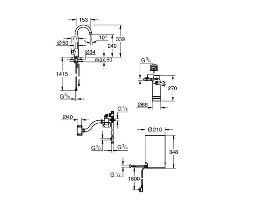 Schéma technique d'un robinet avec dimensions.