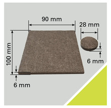 Jeu de patins en feutre avec des dimensions de 90 millimètres sur 100 millimètres et un diamètre de 28 millimètres, épaisseur de 6 millimètres