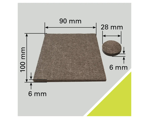 Jeu de patins en feutre avec des dimensions de 90 millimètres sur 100 millimètres et un diamètre de 28 millimètres, épaisseur de 6 millimètres