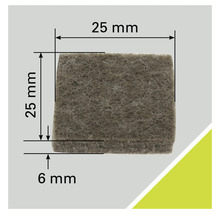 Patins en feutre, carrés, 25x25x6 mm, vue détaillée