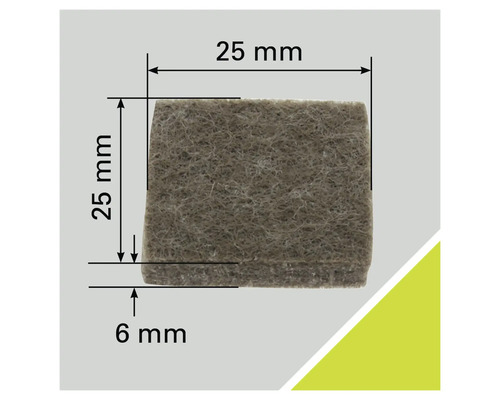Patins en feutre, carrés, 25x25x6 mm, vue détaillée