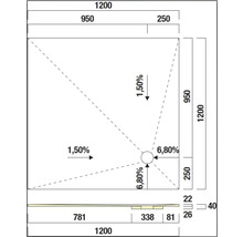 Technische Zeichnung einer Duschwanne mit Maßangaben