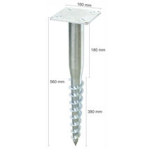 Erdanker mit Montageplatte und den Massen 560 mm Gesamtlänge, 160 mm Plattenlänge, 180 mm Pfostenlänge und 380 mm Ankerlänge.