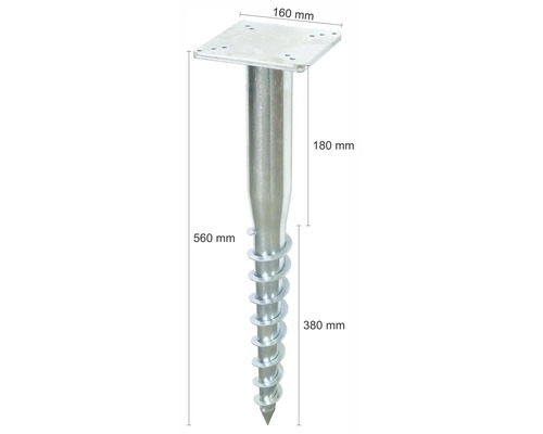 Erdanker mit Montageplatte und den Massen 560 mm Gesamtlänge, 160 mm Plattenlänge, 180 mm Pfostenlänge und 380 mm Ankerlänge.