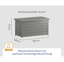 Gartentruhe mit den Massen 136 cm mal 68 cm mal 73 cm und einem Bruttorauminhalt von 0,4 Kubikmetern