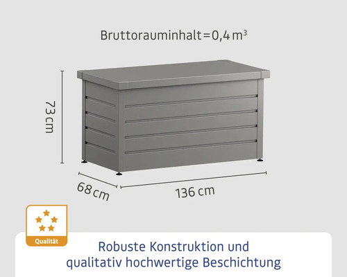 Gartentruhe mit den Massen 136 cm mal 68 cm mal 73 cm und einem Bruttorauminhalt von 0,4 Kubikmetern