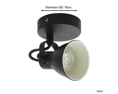 Schwarze Deckenleuchte mit einem Durchmesser von 10 cm.