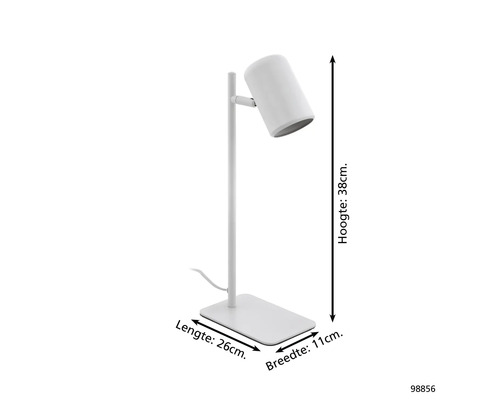 Lampe de bureau blanche d'une hauteur de 38 cm, d'une longueur de 26 cm et d'une largeur de 11 cm.