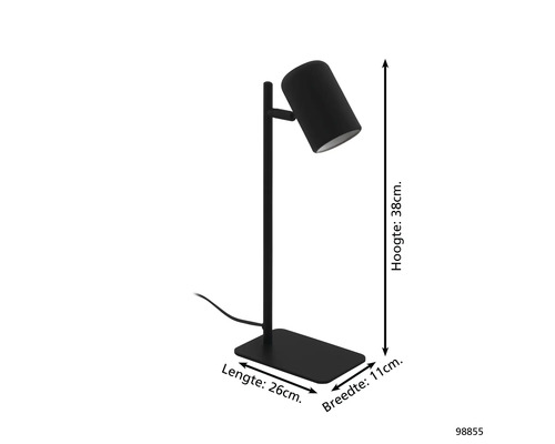 Lampe de table noire avec les dimensions hauteur 38 cm, longueur 26 cm et largeur 11 cm