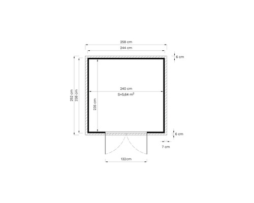 Plan avec dimensions : 258 cm de large, 252 cm de profondeur, surface intérieure de 5,64 mètres carrés