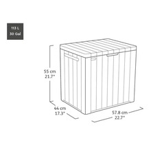 Image d'une boîte de rangement avec les dimensions suivantes : 55 cm de hauteur, 44 cm de largeur et 57,8 cm de longueur.