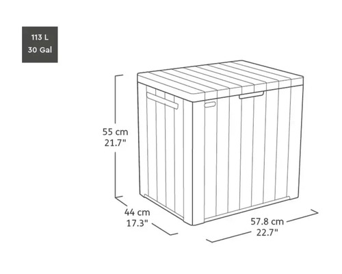 Image d'une boîte de rangement avec les dimensions suivantes : 55 cm de hauteur, 44 cm de largeur et 57,8 cm de longueur.
