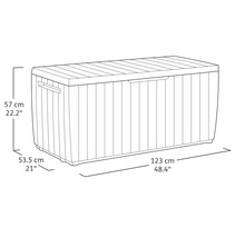 Image d'un coffre de jardin en plastique avec des dimensions de 57 cm de hauteur, 53,5 cm de profondeur et 123 cm de largeur.