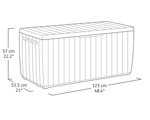 Image d'un coffre de jardin en plastique avec des dimensions de 57 cm de hauteur, 53,5 cm de profondeur et 123 cm de largeur.