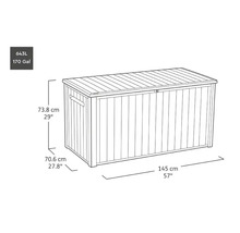 Illustration d'un coffre de jardin mesurant 73,8 cm de haut, 70,6 cm de profondeur et 145 cm de large.